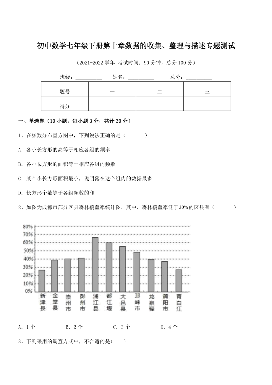 2022年人教版初中数学七年级下册第十章数据的收集、整理与描述专题测试练习题(名师精选).docx_第1页