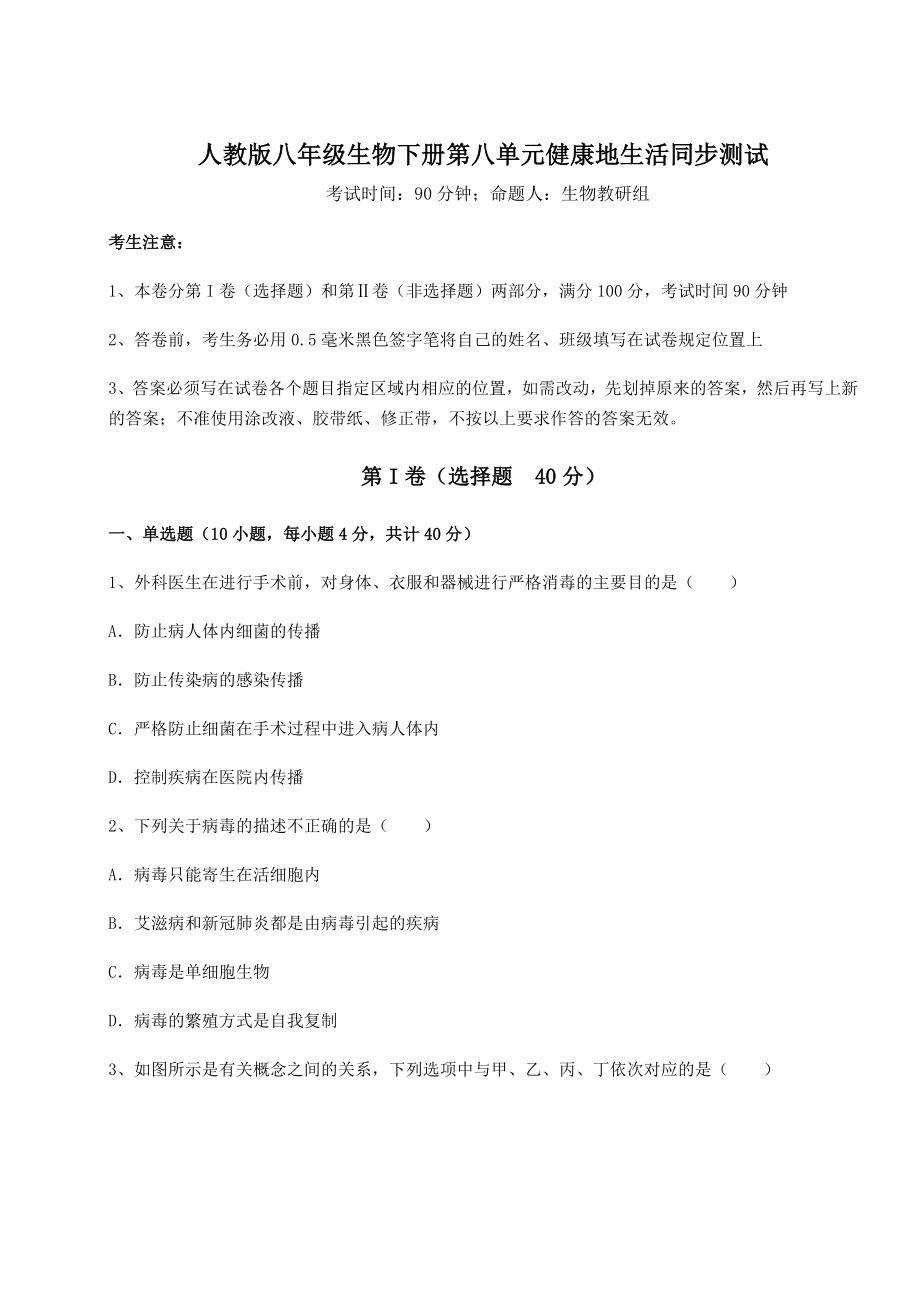 2021-2022学年度强化训练人教版八年级生物下册第八单元健康地生活同步测试试卷.docx_第1页