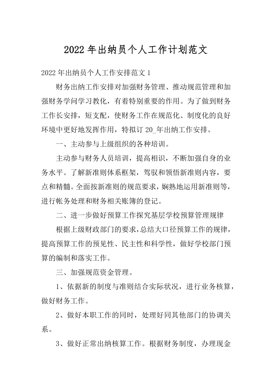 2022年出纳员个人工作计划范文.docx_第1页