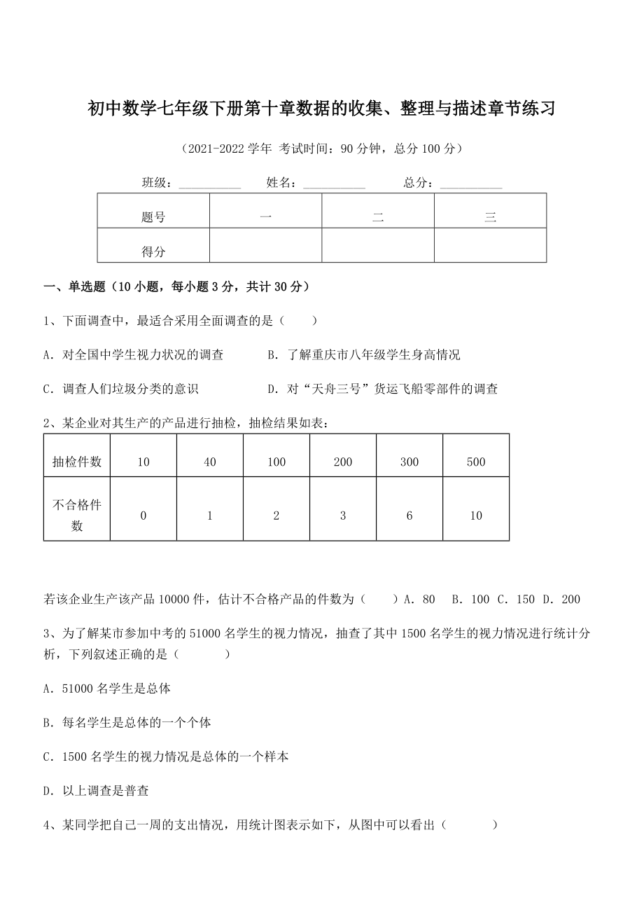 2022年人教版初中数学七年级下册第十章数据的收集、整理与描述章节练习.docx_第1页