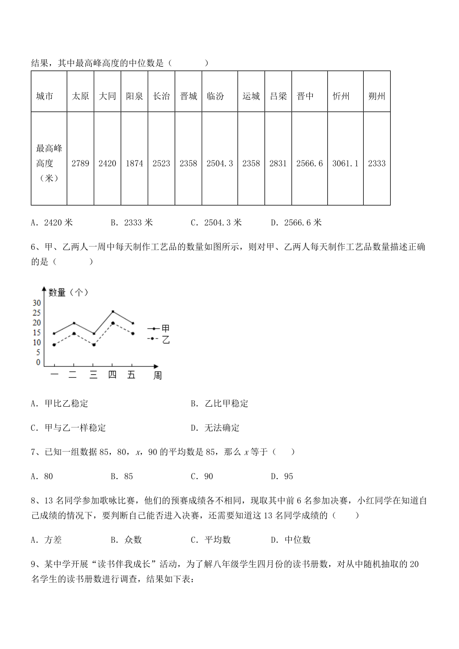 2022年人教版八年级数学下册第二十章-数据的分析专题练习试题(含答案及详细解析).docx_第2页