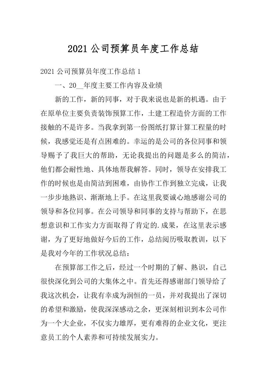 2021公司预算员年度工作总结例文.docx_第1页