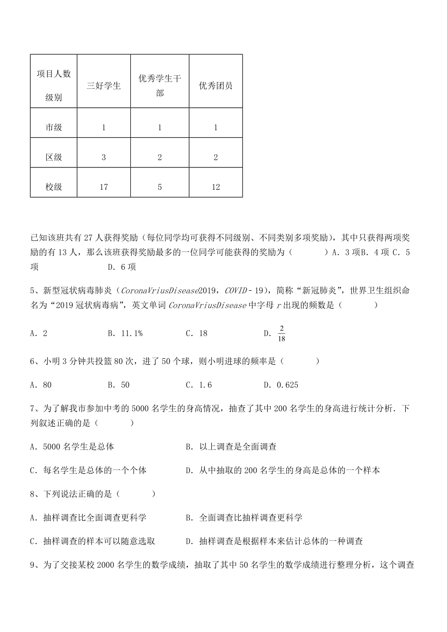 2022中考特训人教版初中数学七年级下册第十章数据的收集、整理与描述专项训练试卷(含答案详解).docx_第2页