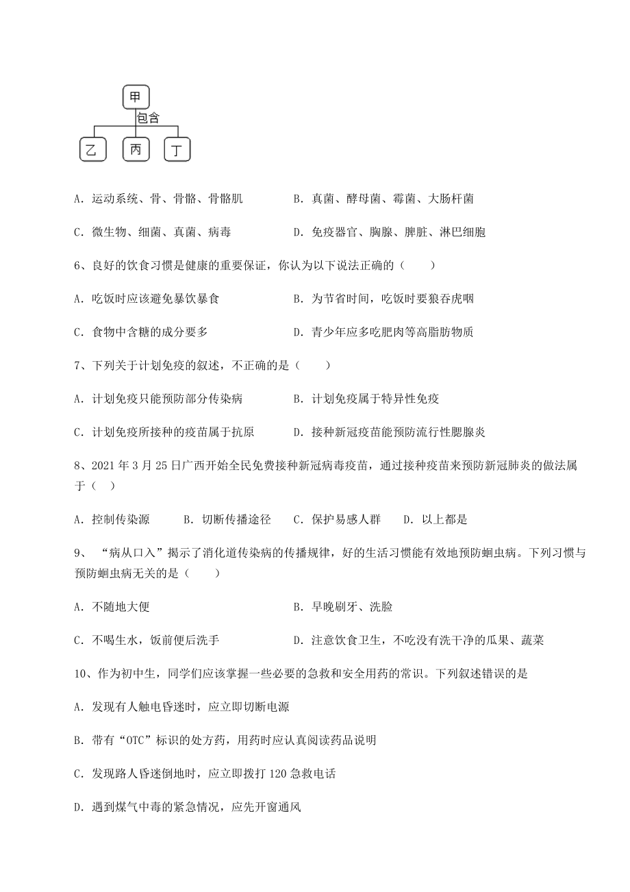 2021-2022学年度人教版八年级生物下册第八单元健康地生活专项攻克试题(含答案解析).docx_第2页