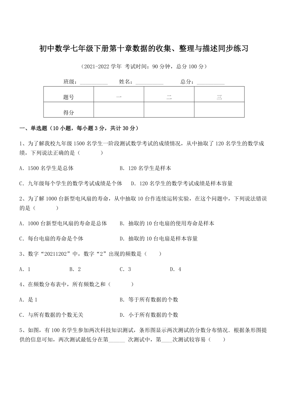 2022中考特训：人教版初中数学七年级下册第十章数据的收集、整理与描述同步练习练习题(无超纲).docx_第1页