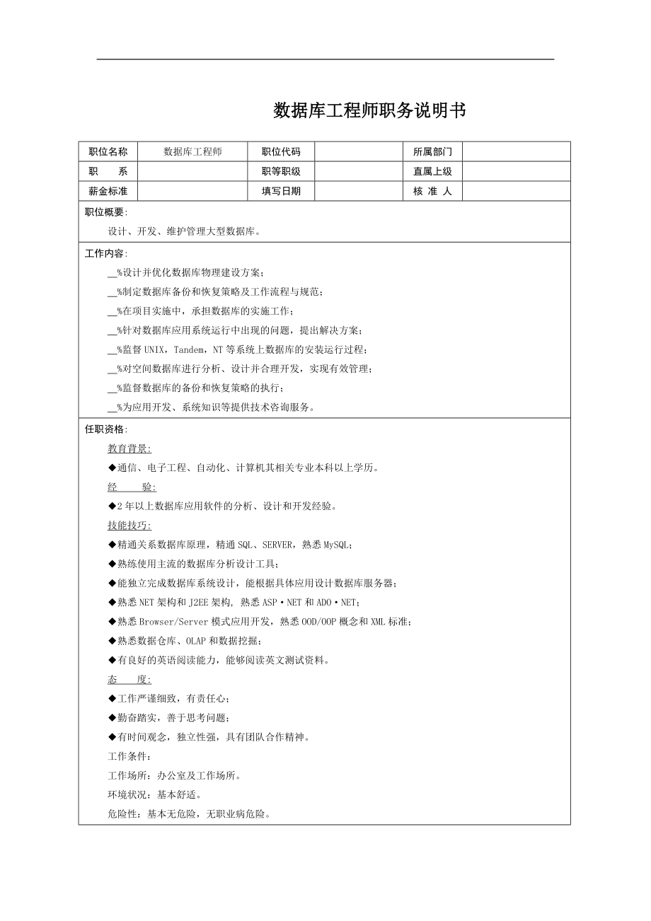 数据库工程师职务说明书.doc_第1页