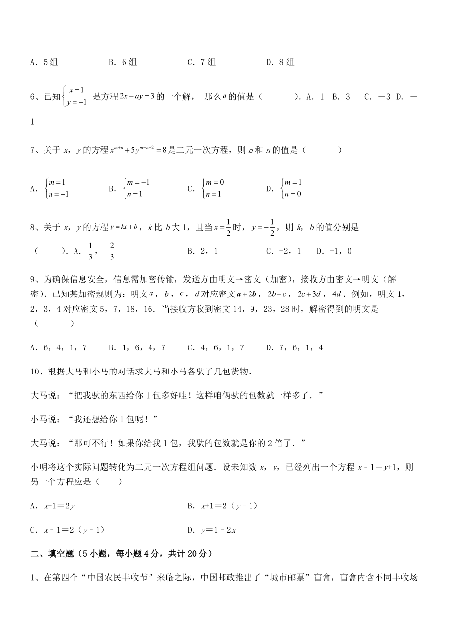 2022年人教版初中数学七年级下册第八章二元一次方程组专项练习试题(精选).docx_第2页