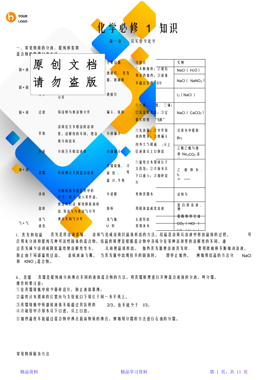 最完整人教版高一化学必修一知识点总结(精华版)(精华版).doc_第1页