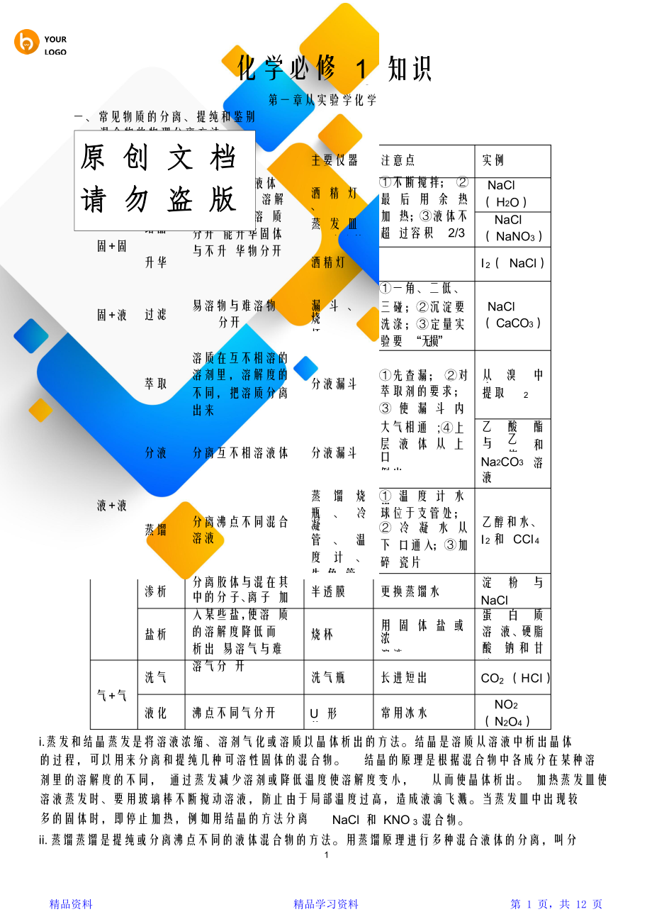 最完整人教版高一化学必修一知识点完整总结-高一化学必修一知识归纳(精华版).doc_第1页