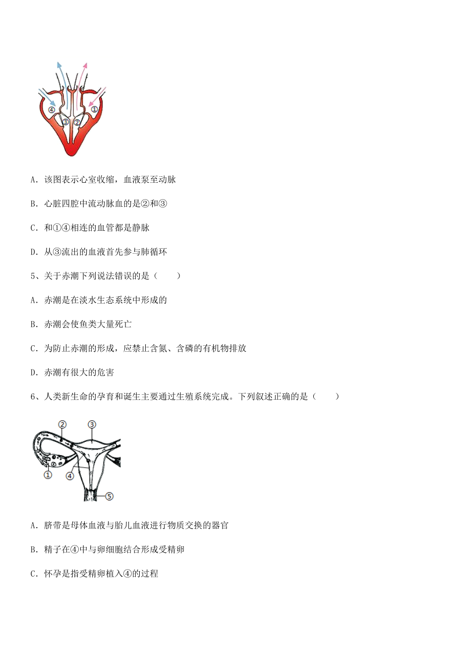 2021-2022学年度人教版七年级生物下册第四单元生物圈中的人同步测试练习题.docx_第2页