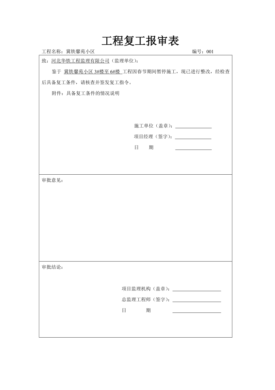 新冠病毒防疫期间企业复工相关资料--工程复工报告及申请.doc_第1页