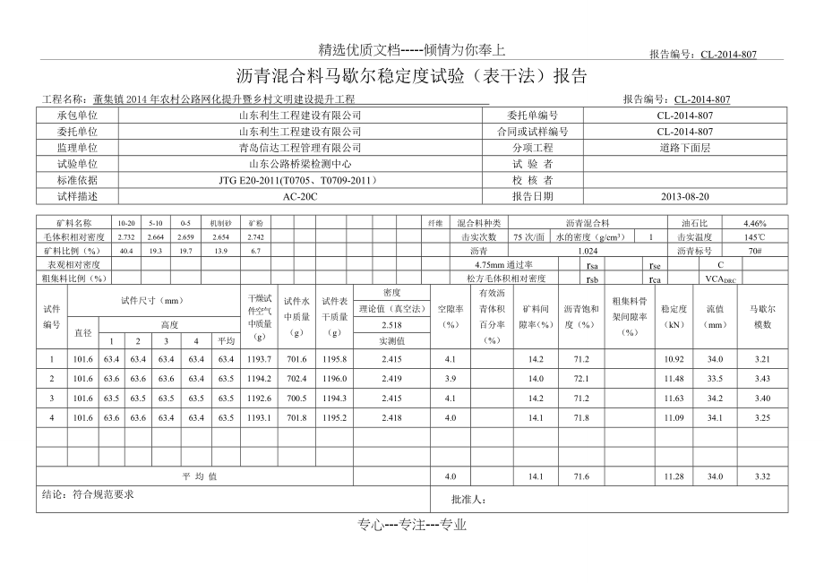 沥青混合料马歇尔稳定度试验(表干法)报告.doc_第1页