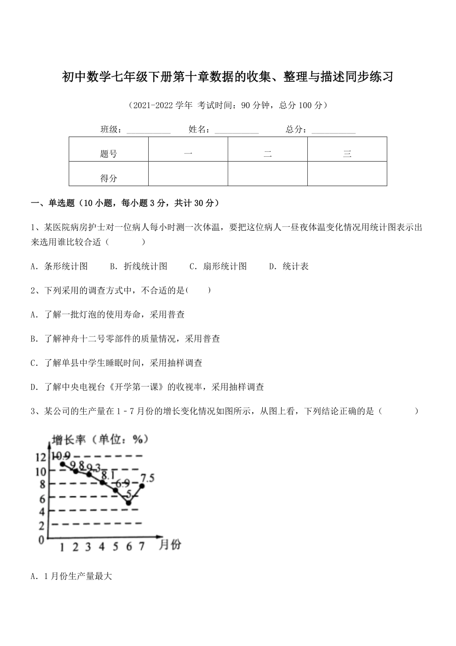 2022年人教版初中数学七年级下册第十章数据的收集、整理与描述同步练习试卷(无超纲).docx_第1页