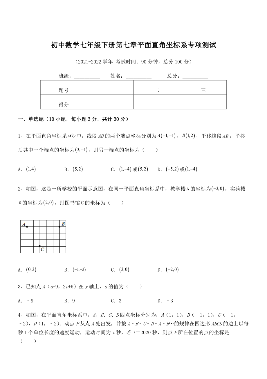 2021-2022学年人教版初中数学七年级下册第七章平面直角坐标系专项测试试卷(含答案详解).docx_第1页