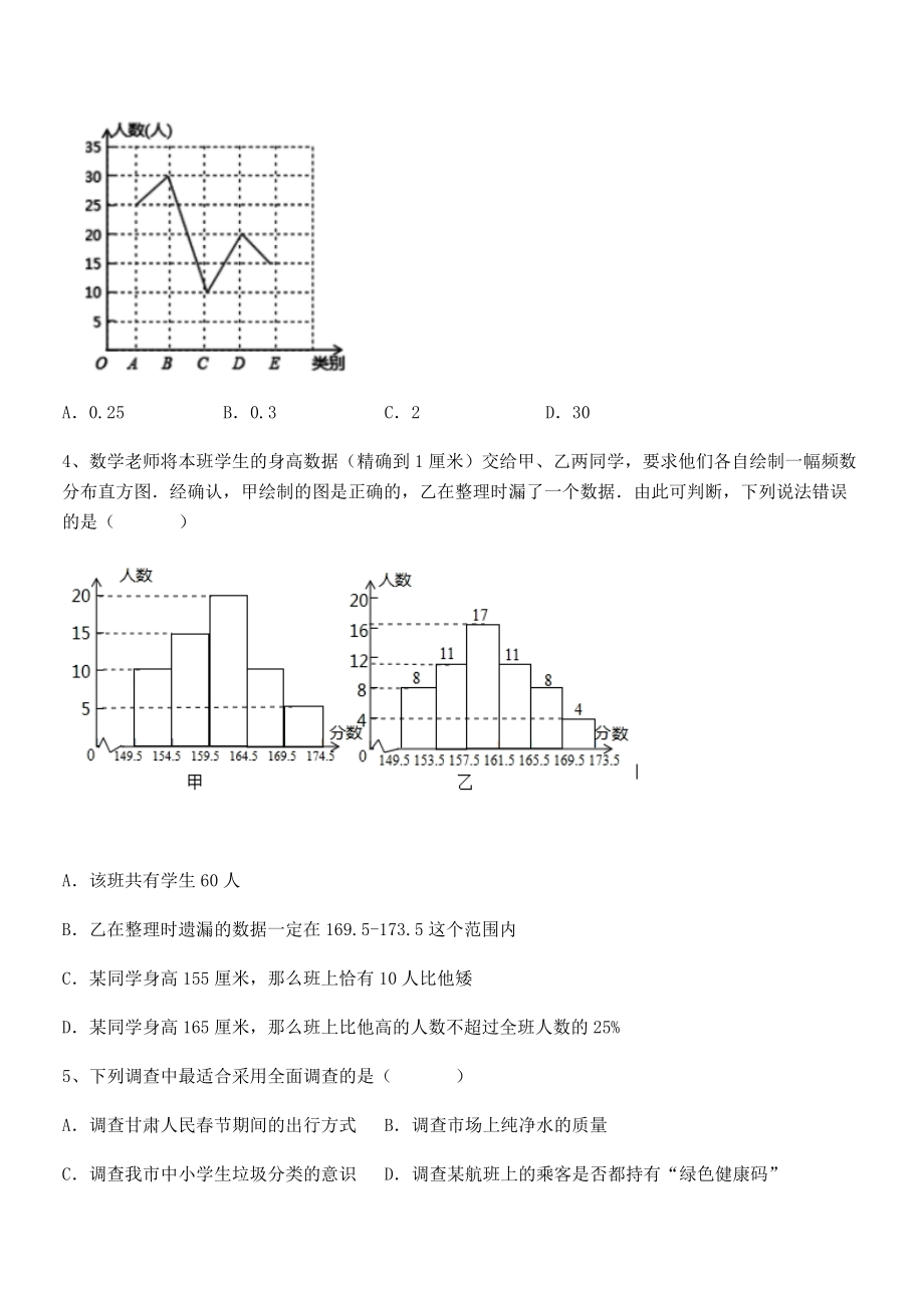 2022年中考特训人教版初中数学七年级下册第十章数据的收集、整理与描述专题测试.docx_第2页