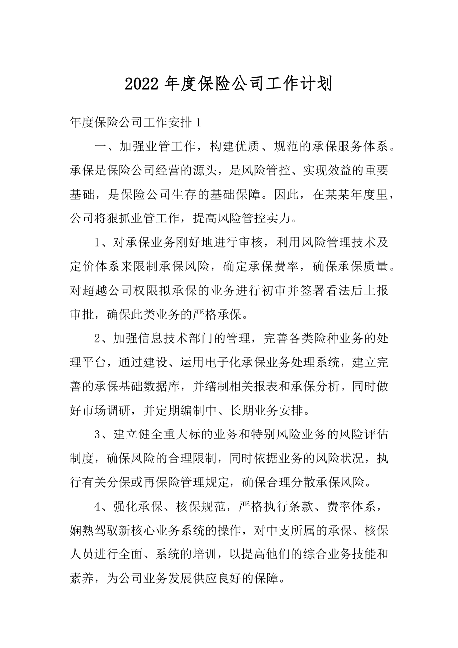 2022年度保险公司工作计划范例.docx_第1页