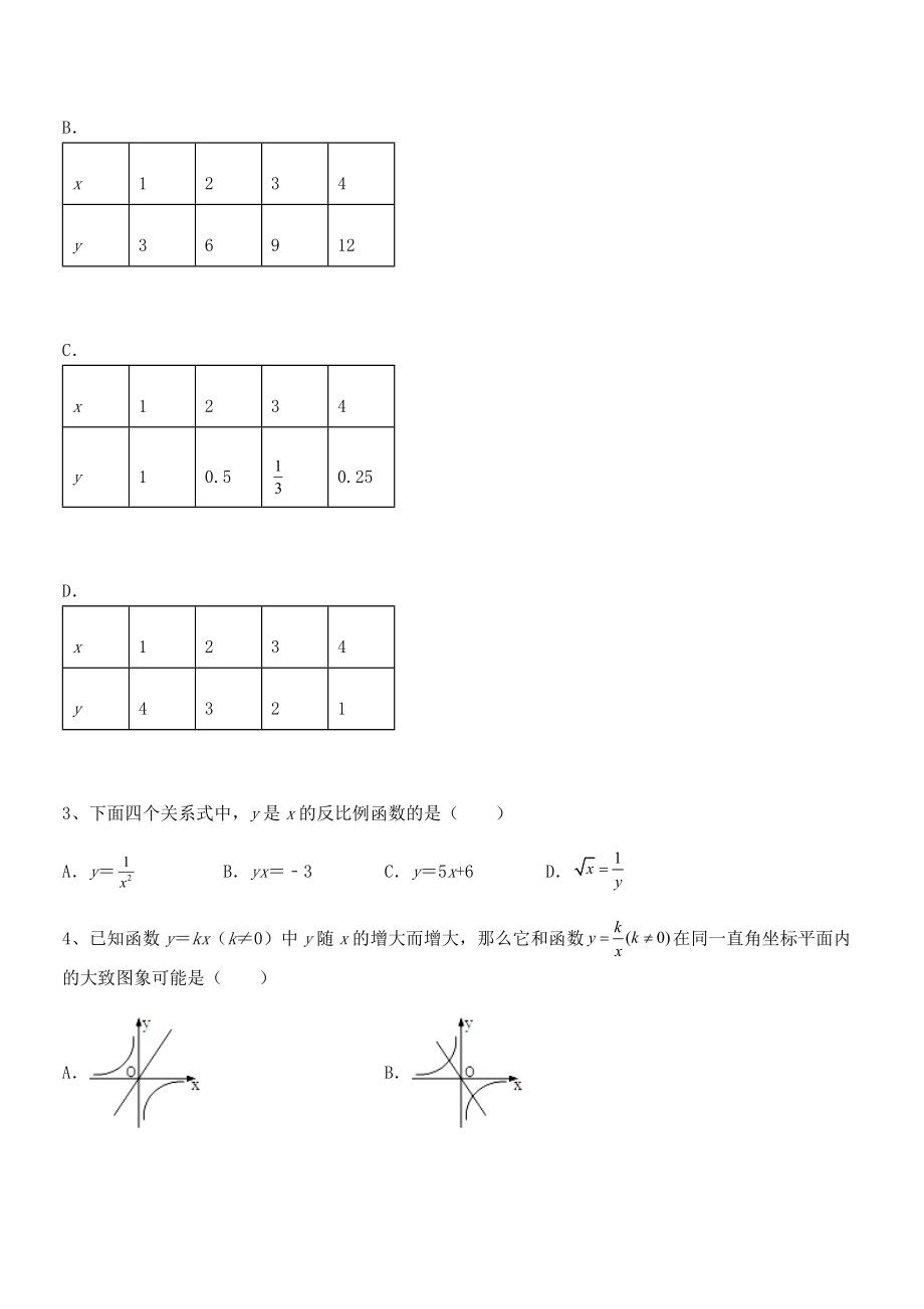 精品解析2022年最新人教版九年级数学下册第二十六章《反比例函》综合练习试题(含详细解析).docx_第2页