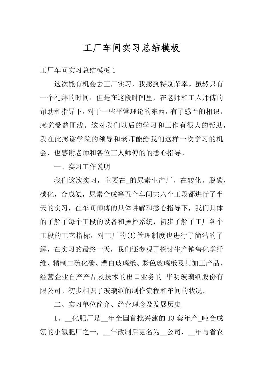 工厂车间实习总结模板精编.docx_第1页