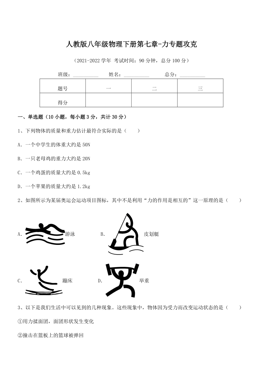 精品解析2022年人教版八年级物理下册第七章-力专题攻克试题.docx_第1页