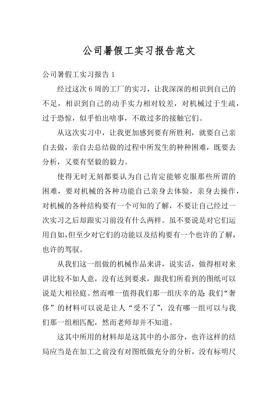 公司暑假工实习报告范文最新.docx_第1页