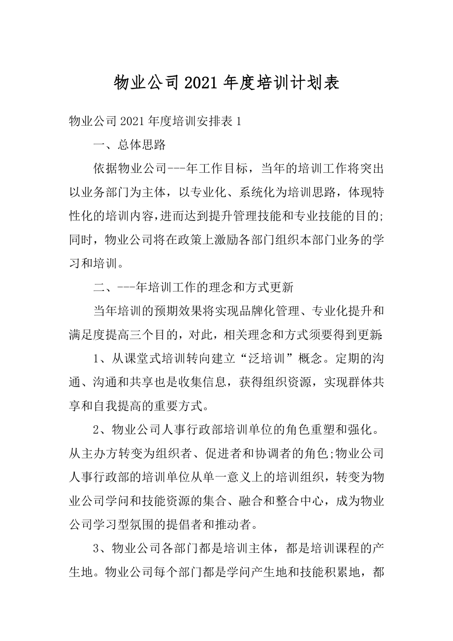 物业公司2021年度培训计划表汇编.docx_第1页