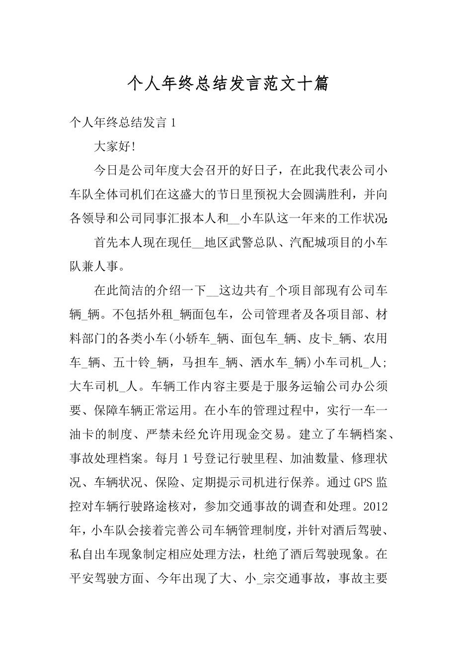 个人年终总结发言范文十篇精选.docx_第1页