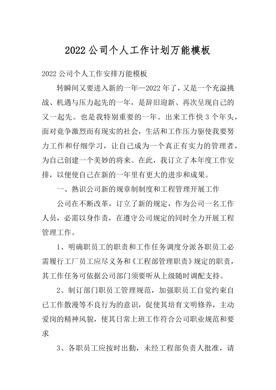 2022公司个人工作计划万能模板范例.docx_第1页