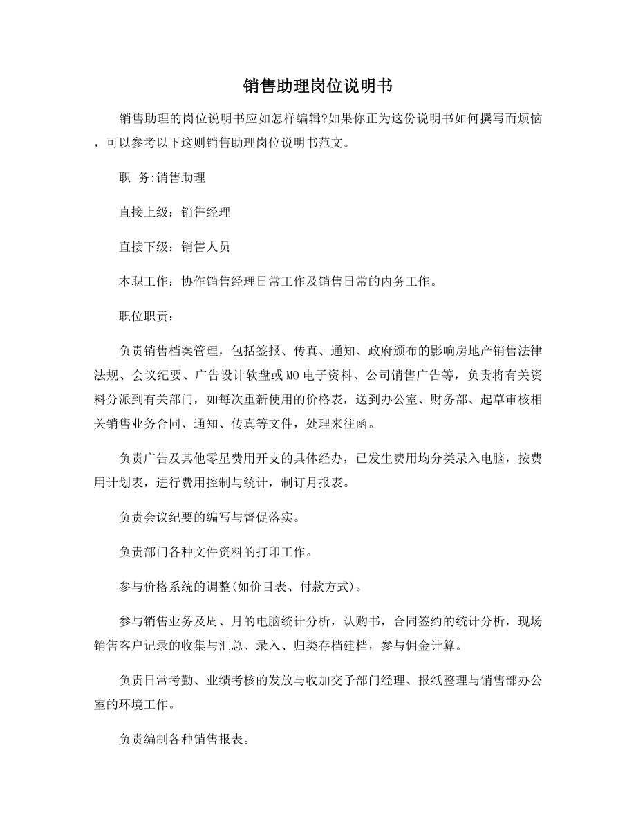 销售助理岗位说明书.docx_第1页