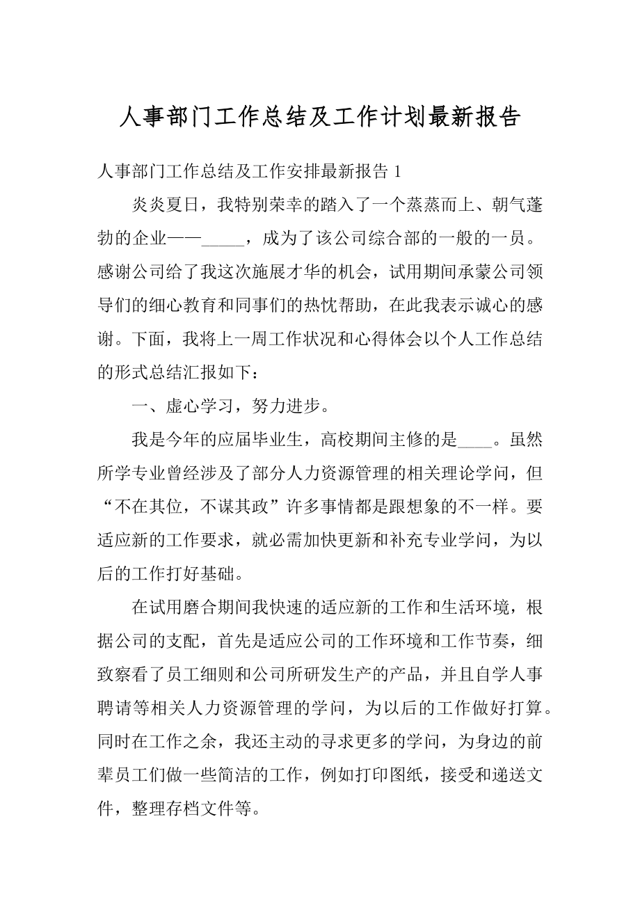 人事部门工作总结及工作计划最新报告优质.docx_第1页