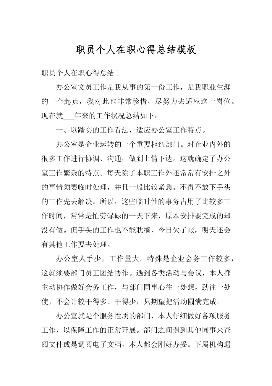 职员个人在职心得总结模板例文.docx_第1页