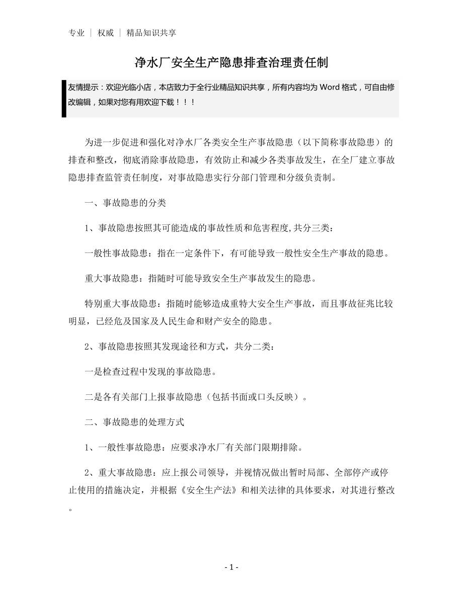 净水厂安全生产隐患排查治理责任制.docx_第1页