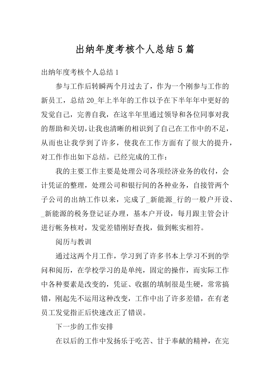 出纳年度考核个人总结5篇范本.docx_第1页