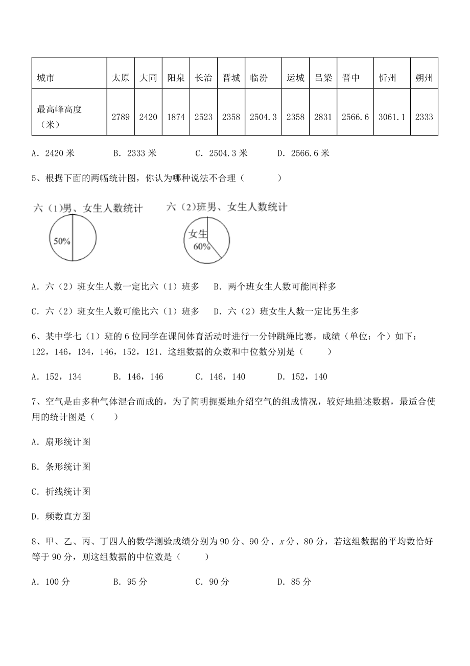 京改版七年级数学下册第九章数据的收集与表示专项测试试卷(名师精选).docx_第2页