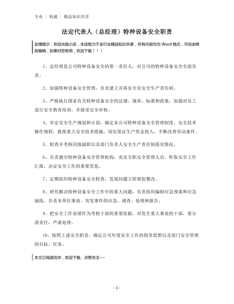 法定代表人(总经理)特种设备安全职责.docx_第1页