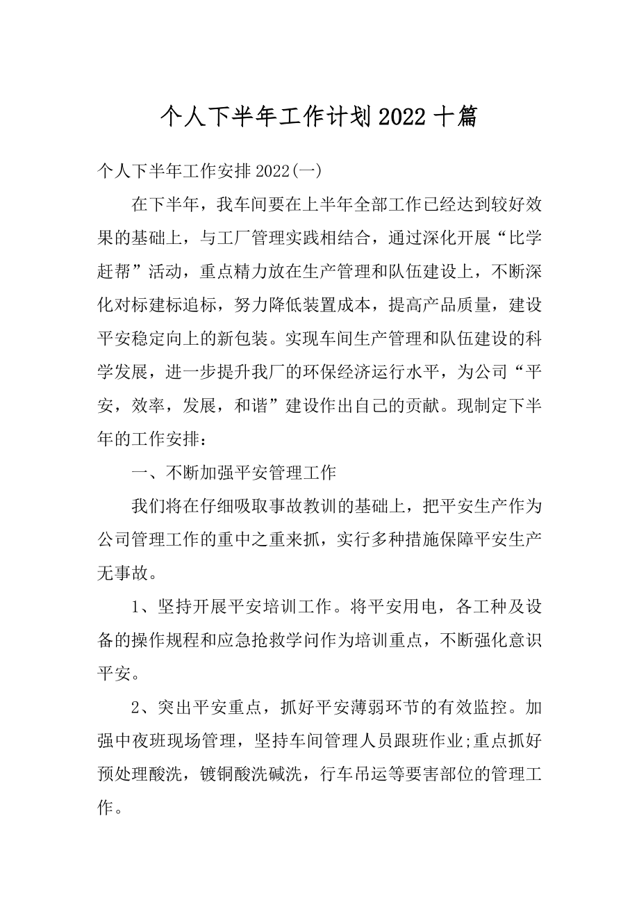 个人下半年工作计划2022十篇例文.docx_第1页