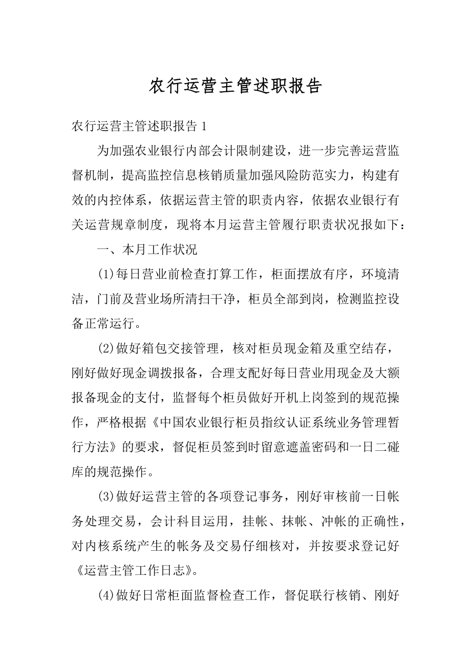 农行运营主管述职报告例文.docx_第1页