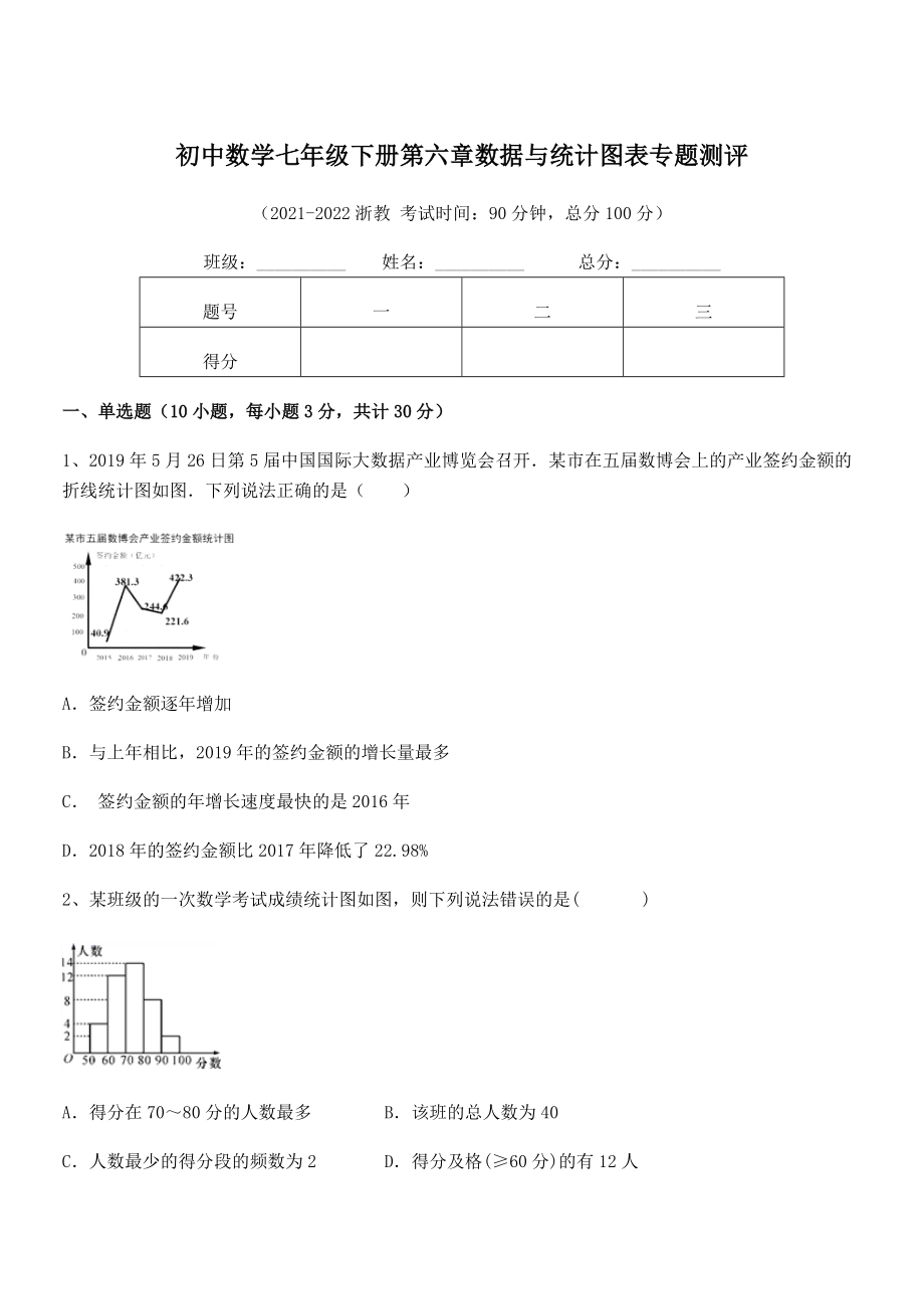 2022年浙教版初中数学七年级下册第六章数据与统计图表专题测评试题.docx_第1页