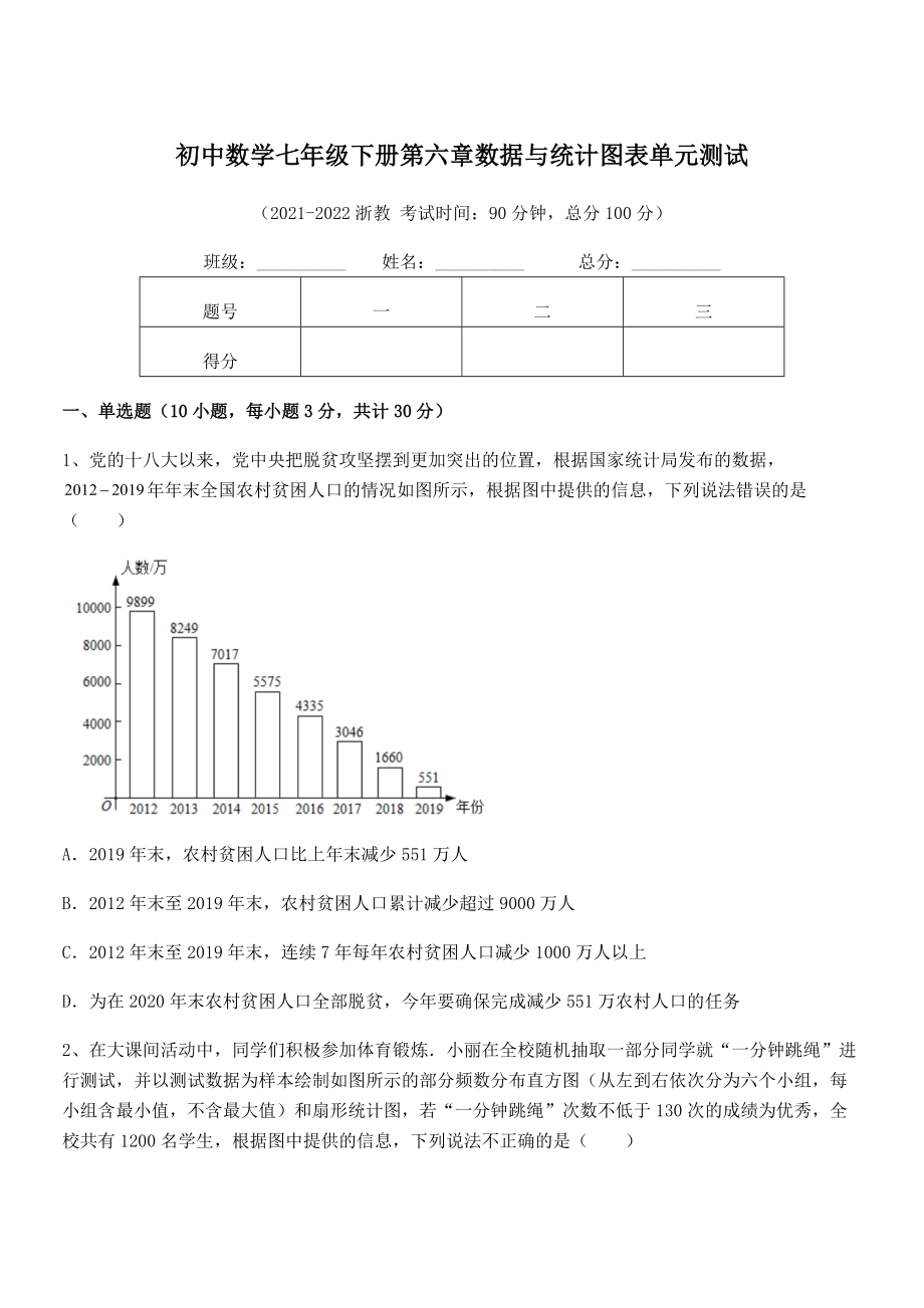 2022年浙教版初中数学七年级下册第六章数据与统计图表单元测试试题(无超纲).docx_第1页