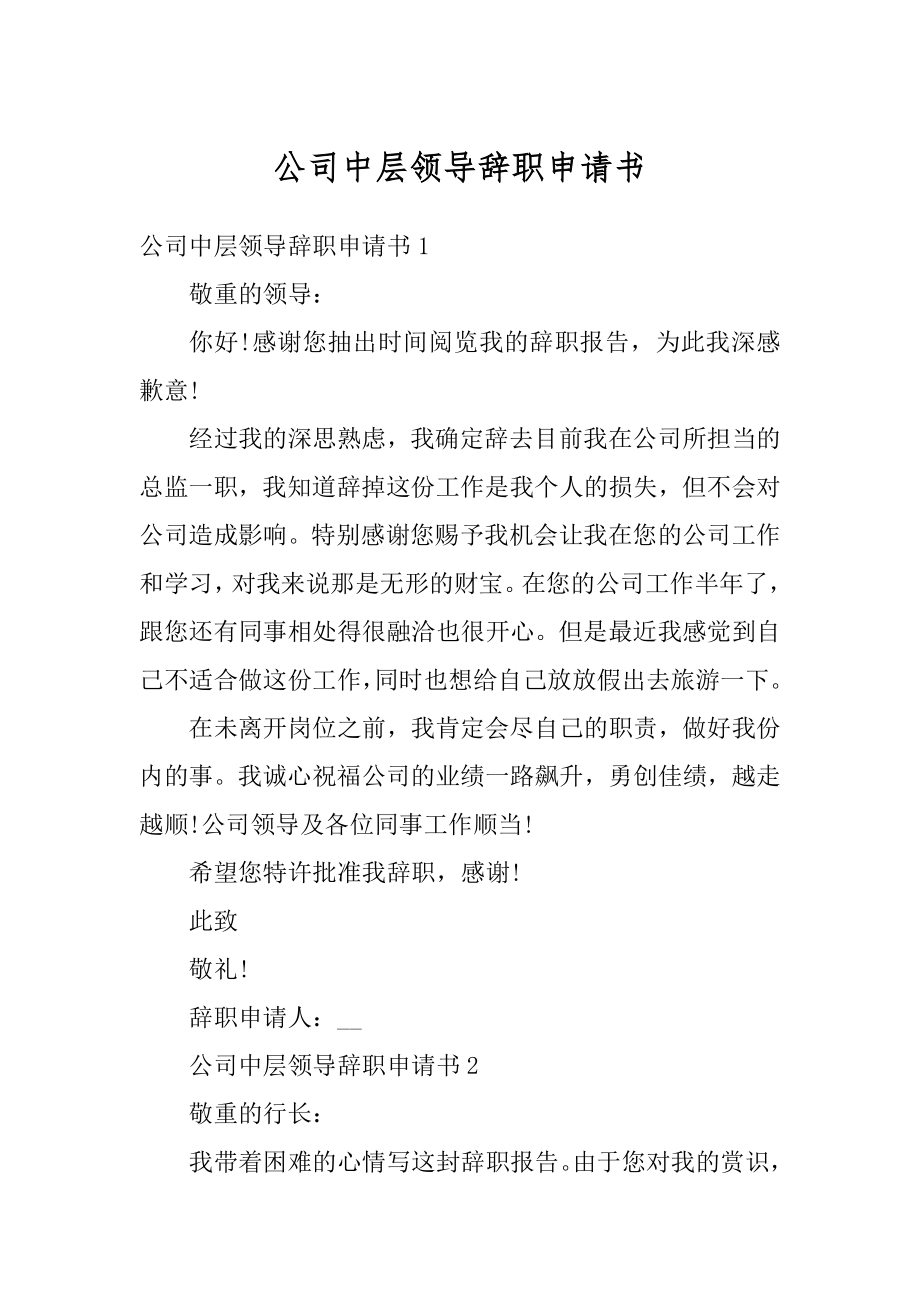 公司中层领导辞职申请书优质.docx_第1页