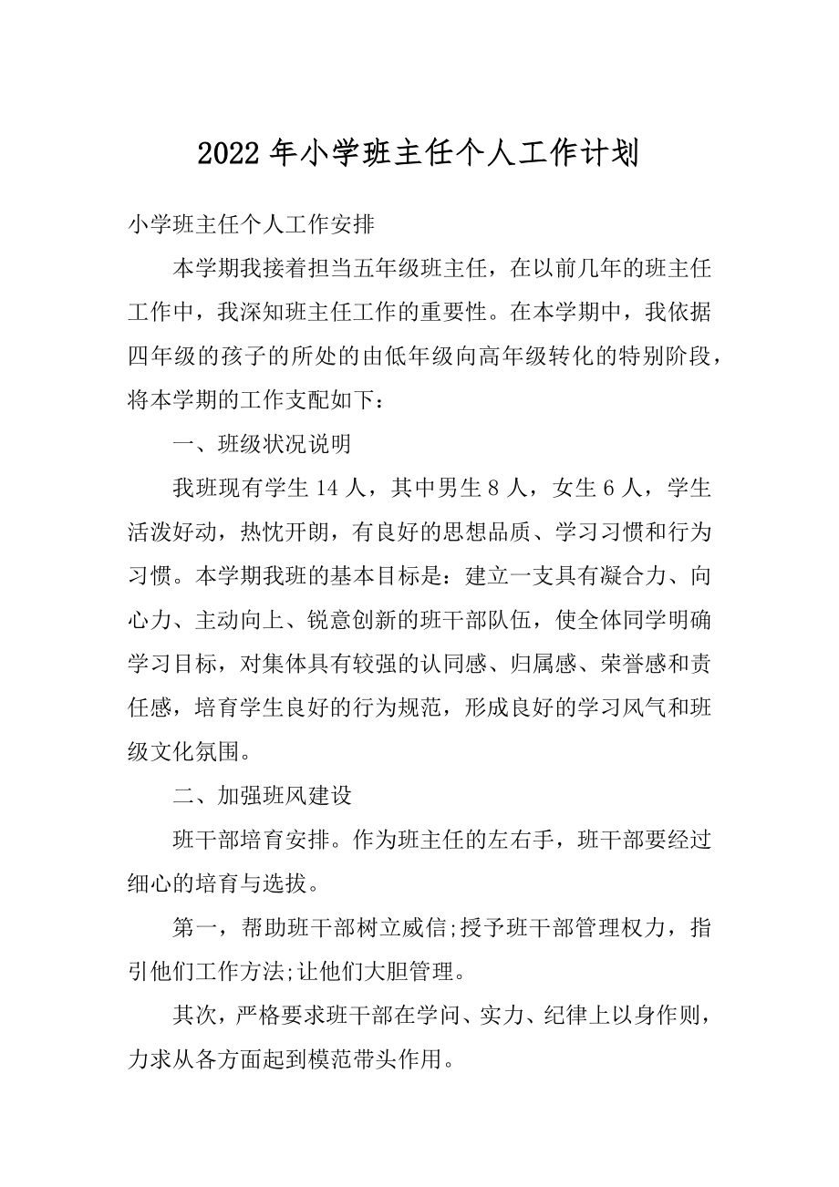 2022年小学班主任个人工作计划汇总.docx_第1页