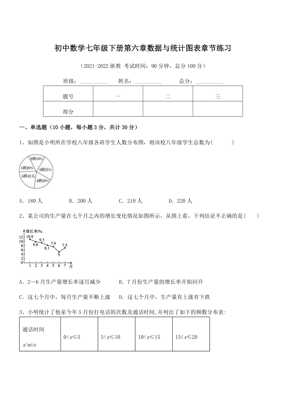 中考专题特训浙教版初中数学七年级下册第六章数据与统计图表章节练习试题(含解析).docx_第1页