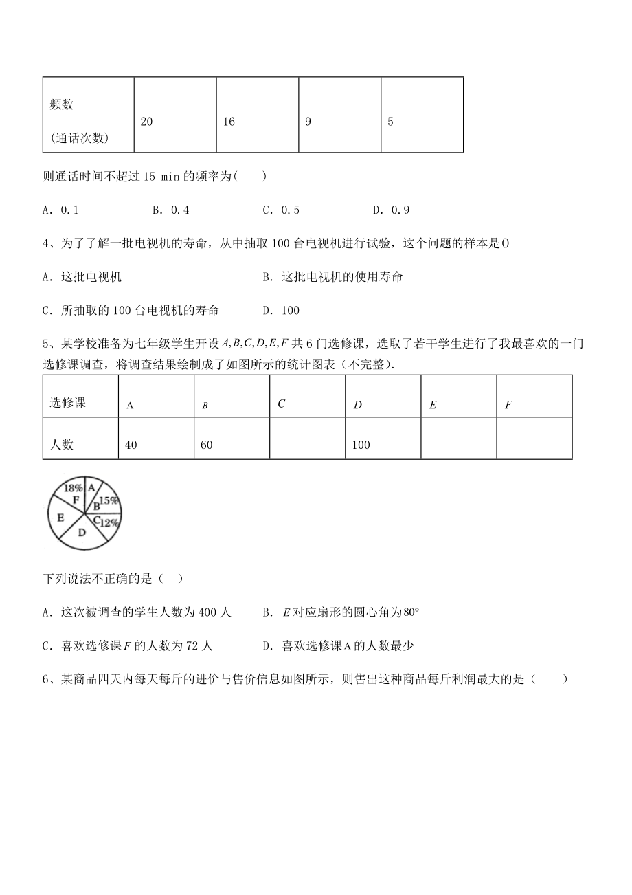 中考专题特训浙教版初中数学七年级下册第六章数据与统计图表章节练习试题(含解析).docx_第2页