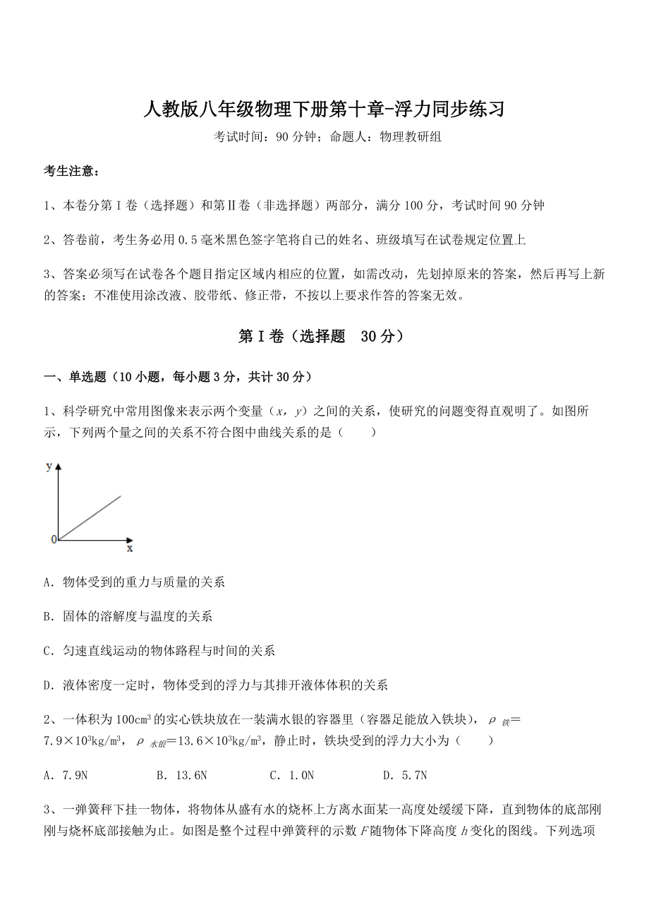 人教版八年级物理下册第十章-浮力同步练习试题(含解析).docx_第1页