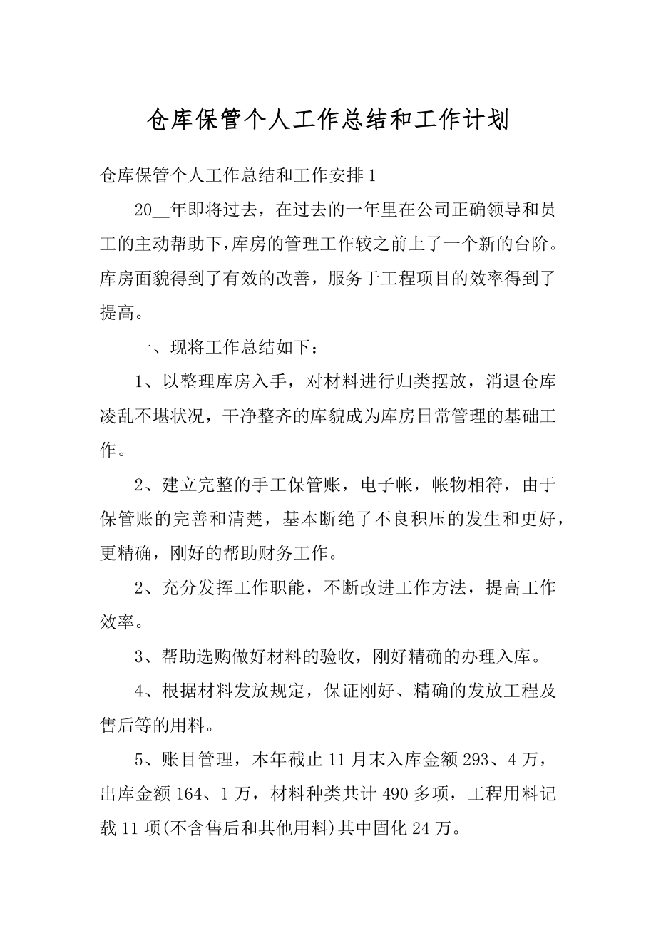 仓库保管个人工作总结和工作计划例文.docx_第1页