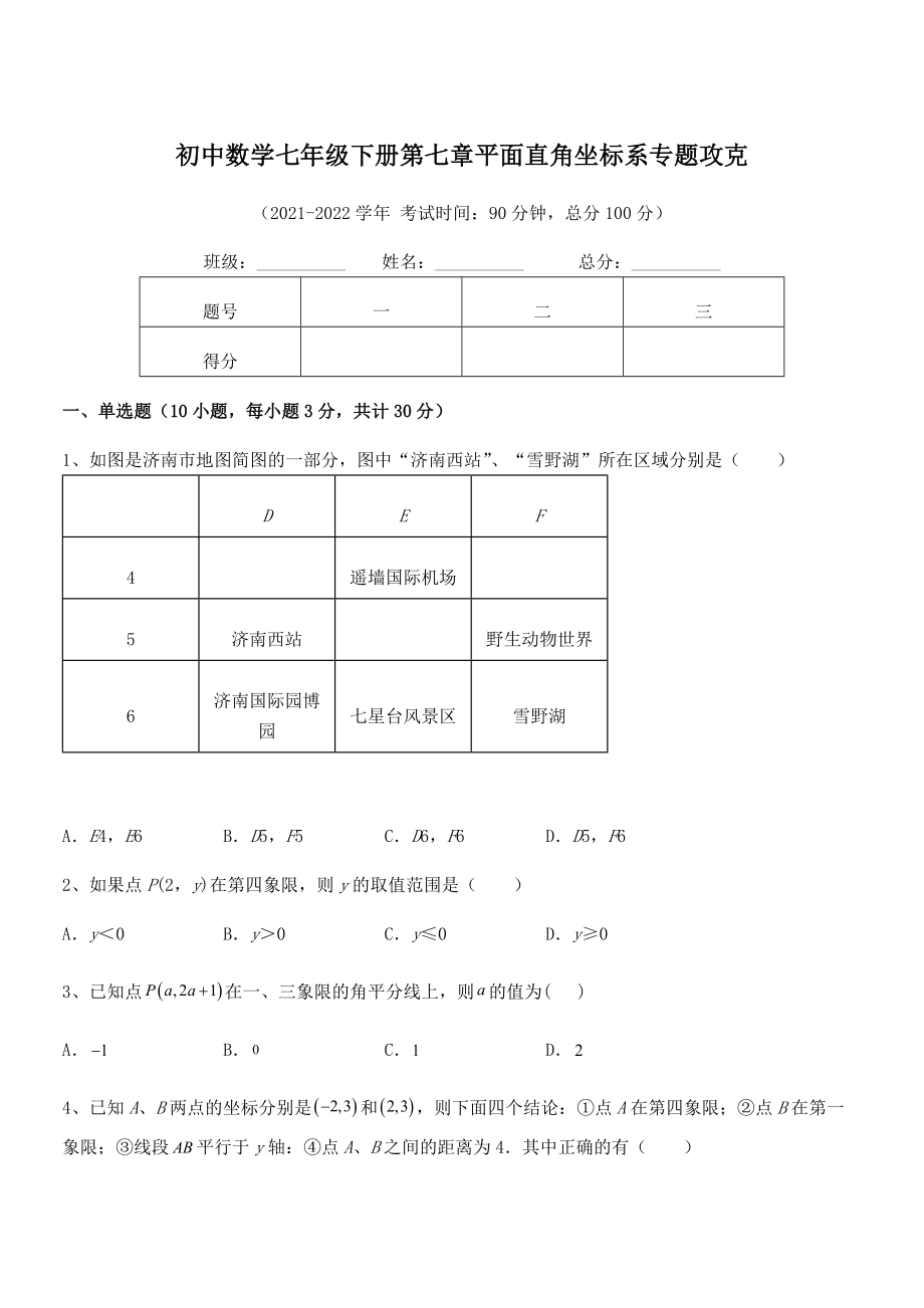 2022年最新人教版初中数学七年级下册第七章平面直角坐标系专题攻克试卷(含答案详细解析).docx_第1页