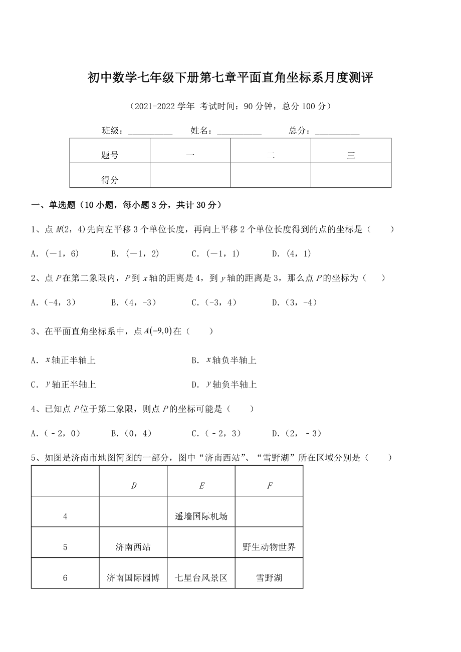 精品解析2022年最新人教版初中数学七年级下册第七章平面直角坐标系月度测评试题(含详细解析).docx_第1页