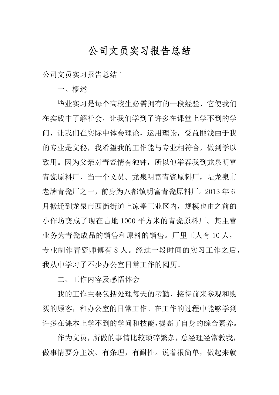 公司文员实习报告总结精品.docx_第1页