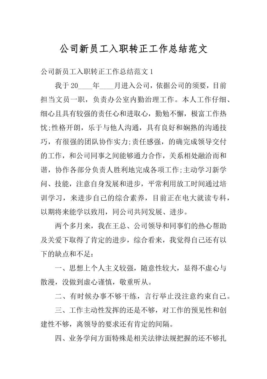 公司新员工入职转正工作总结范文范例.docx_第1页