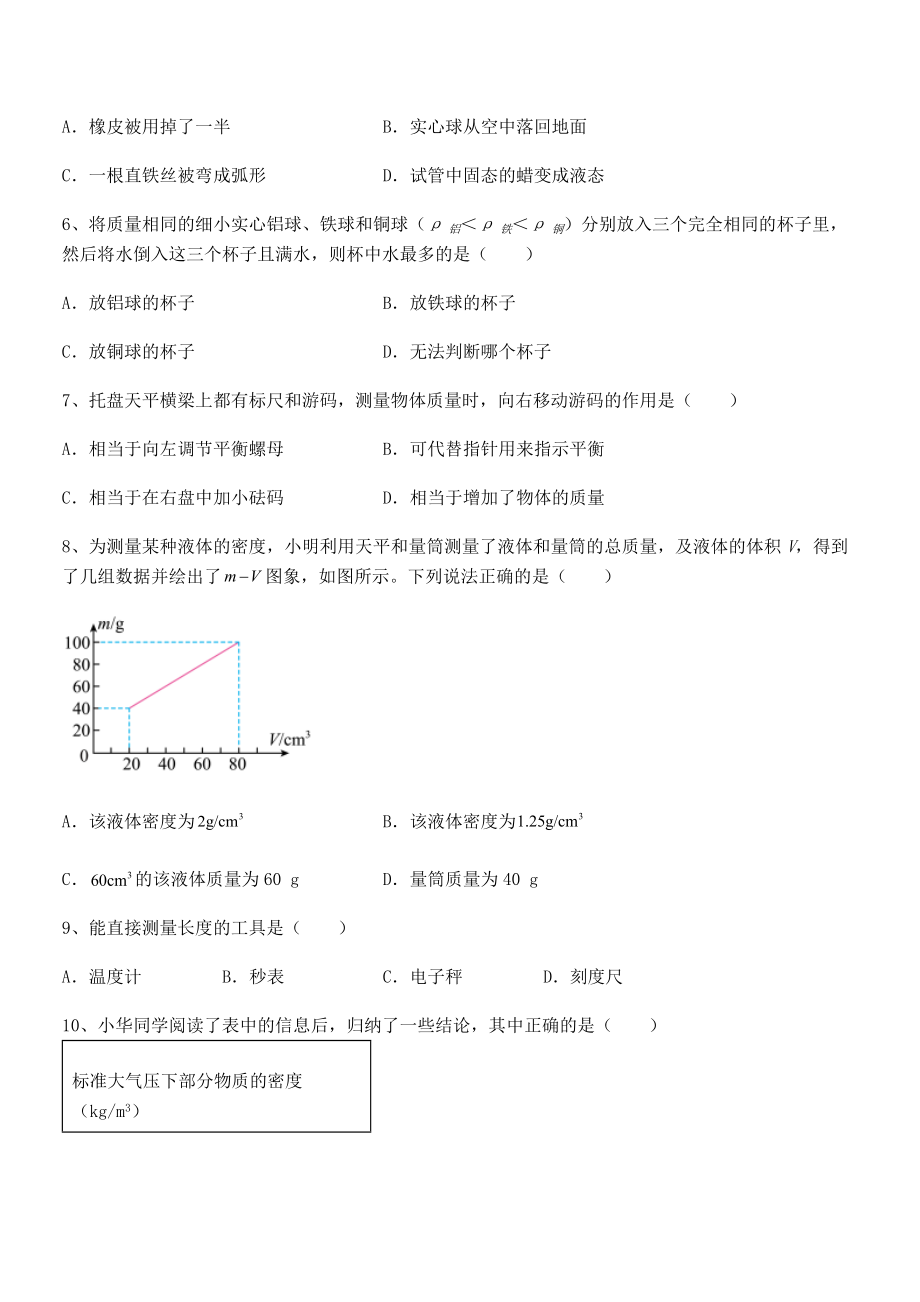 精品解析2021-2022学年苏教版八年级物理下册第六章物质的物理属性定向测评试题(含详细解析).docx_第2页