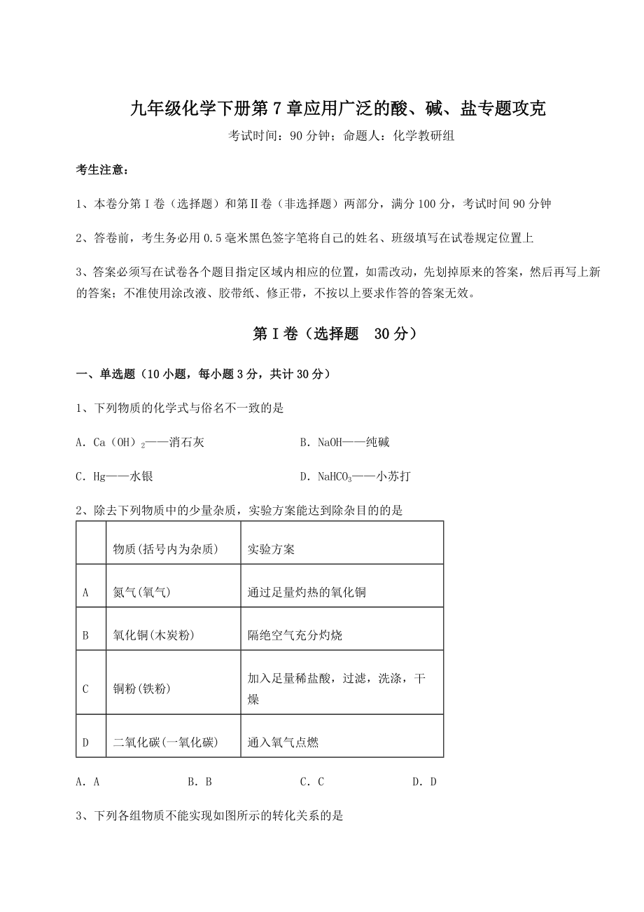 2022年沪教版(全国)九年级化学下册第7章应用广泛的酸、碱、盐专题攻克试题(无超纲).docx_第1页